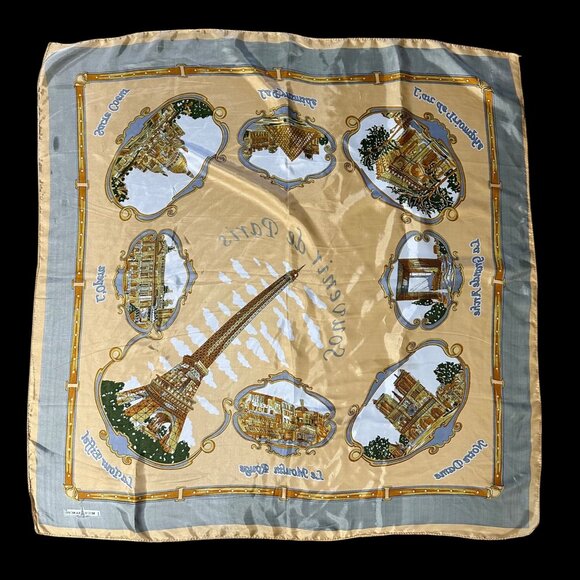 Paris France Souvenir Scarf J Mico Sancho Landmarks Polyester Peach Gray - Picture 3 of 10